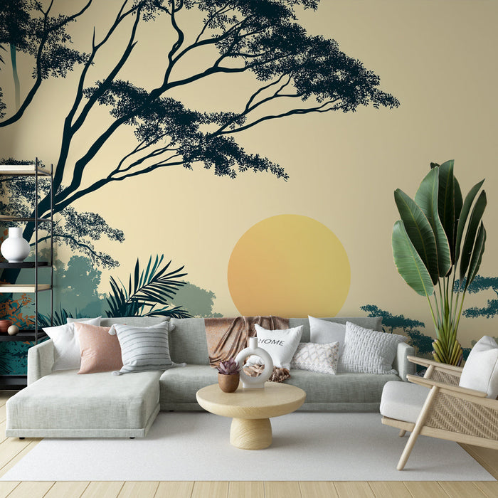 Mural Wallpaper tropical | Silhouettes of trees and soothing sunset