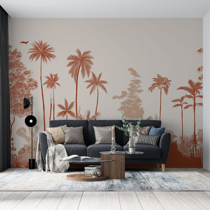 Mural Wallpaper tropical | Silhouettes of palm trees and foliage in terracotta tones