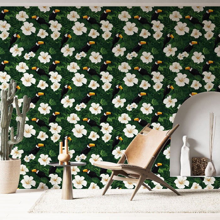 Mural Wallpaper tropical | Colorful toucans and white flowers on a verdant background