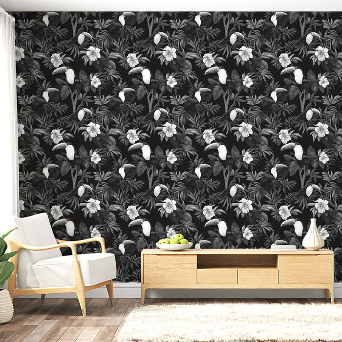 Tapete тропически | Тукани и бели цветя върху черен фон