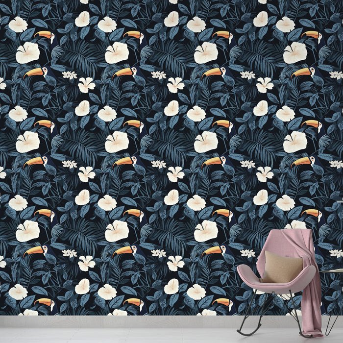 Carta da parati tropicale | Tucani e fiori su sfondo scuro