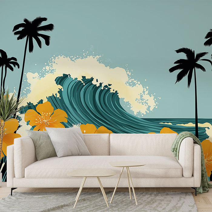 Ταπετσαρία τοίχου τροπική | Μεγαλοπρεπή κύματα και έντονα κίτρινα λουλούδια