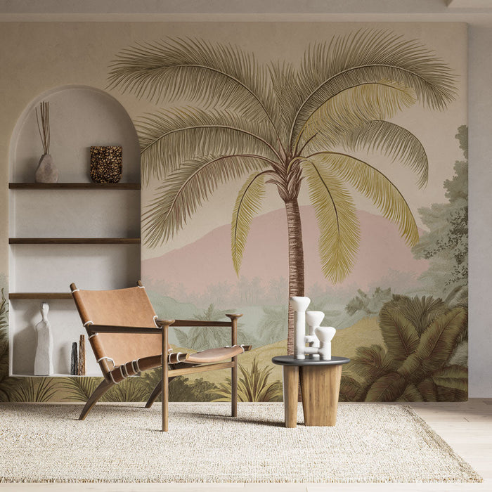 Falfestmény tapéta trópusi | Buján zöldellő növényzet és finoman illusztrált pálmafák