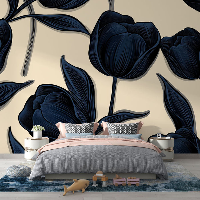 Tapet lalele | Albastru închis pe bej