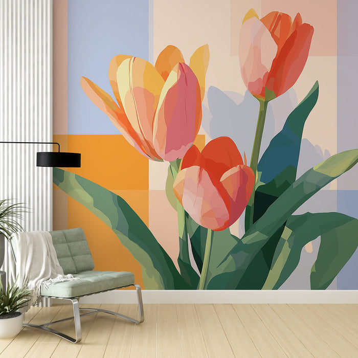 Foto Behang moderne tulpen | Geweldig geometrisch patroon met kleurrijke tulpen