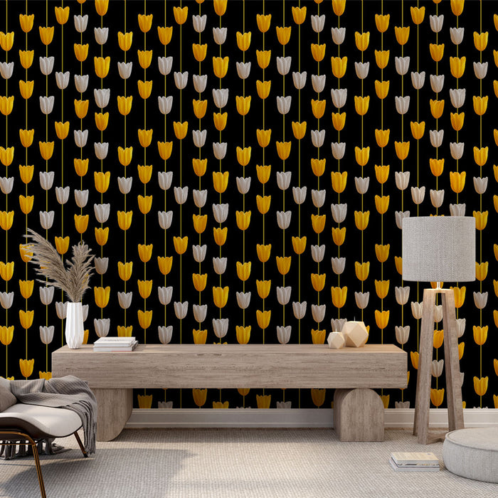 Mural Wallpaper tulips | Yellow and white tulip pattern on a black background