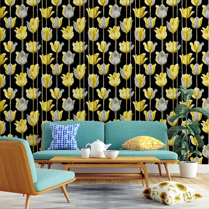 Tapet cu trandafiri | Model galben și gri de trandafiri pe fundal negru