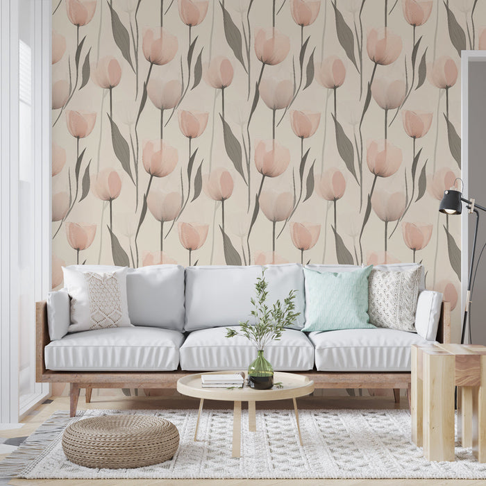 Fototapet tulipaner | Lyserød tulipanmønster på en lys baggrund