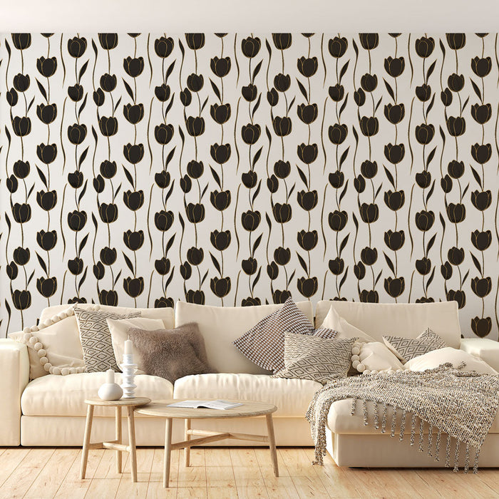 Fototapet siyah laleler | Beyaz arka plan üzerinde stilize lale deseni
