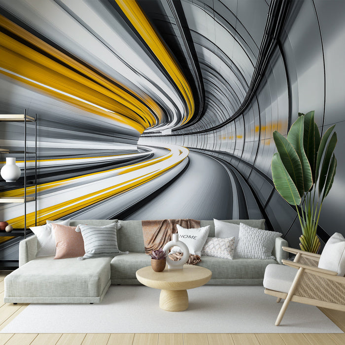 Tapeta futurystyczny tunel | Abstrakcyjny design z dynamicznymi liniami w żółtym i srebrnym kolorze