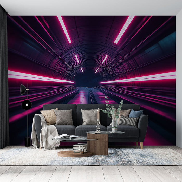 Tapete futuristischer Tunnel | Tunnel beleuchtet von pinken Neonlichtern