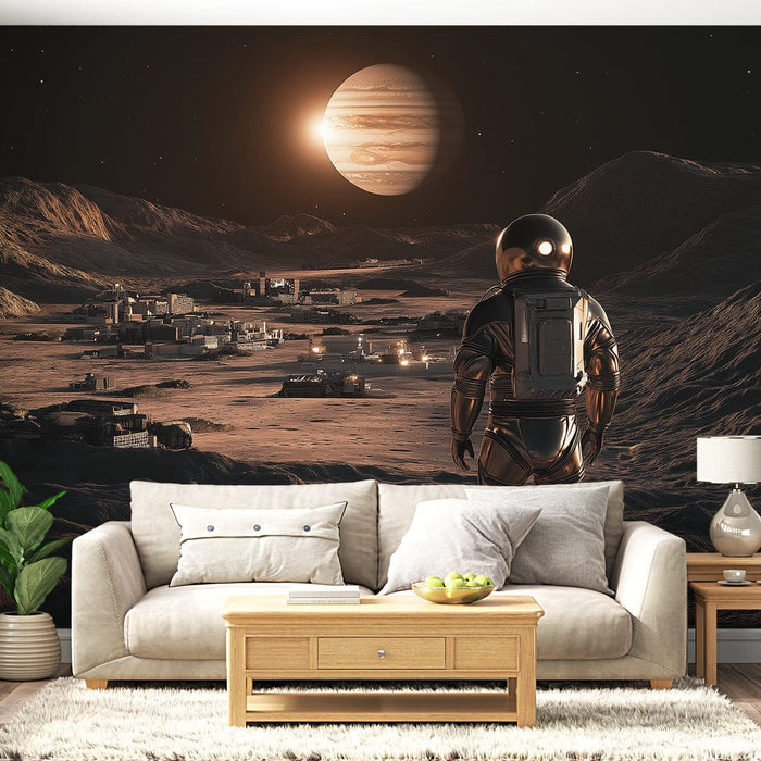 Foto Behang universum | Astronaut die de schoonheid van Jupiter overpeinst