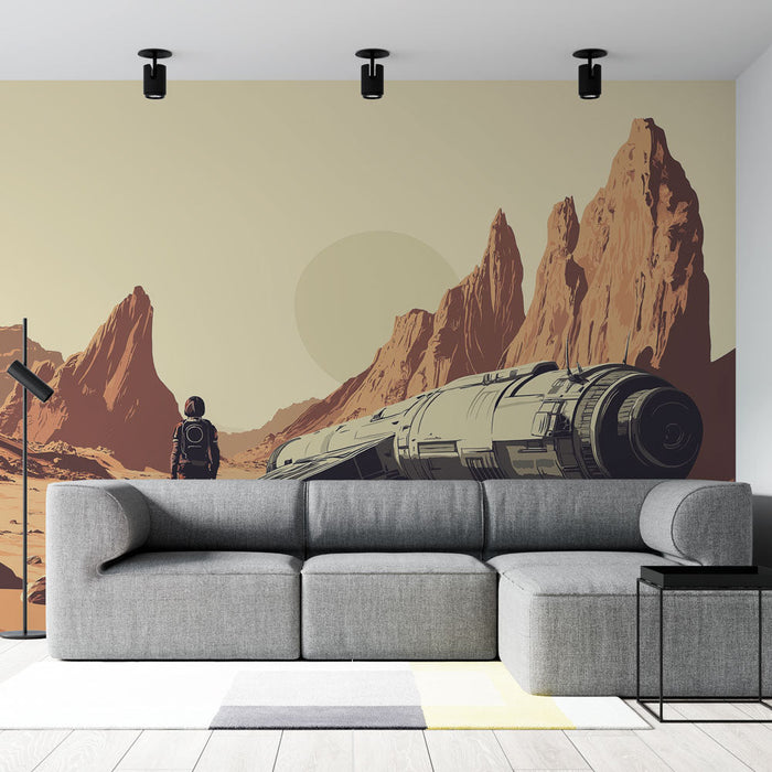 Fototapet universum | Astronaut funderar över en futuristisk ökenscen