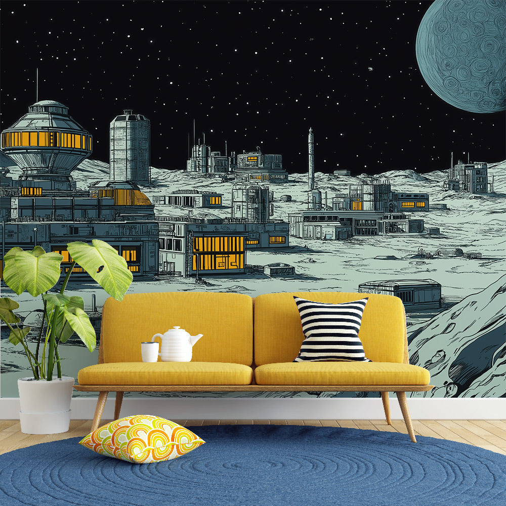 Foto Behang universum | Futuristische maanbasis verlicht onder een ste —  WonderMural, image size:1000x1000