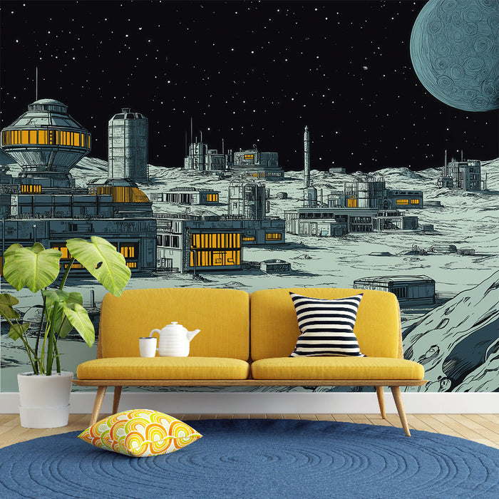 Foto Behang universum | Futuristische maanbasis verlicht onder een sterrenhemel