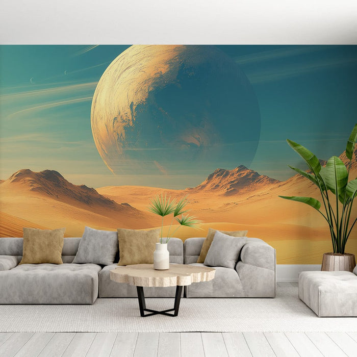 Foto Behang universum | Zandduin met een majestueuze planeet op de achtergrond