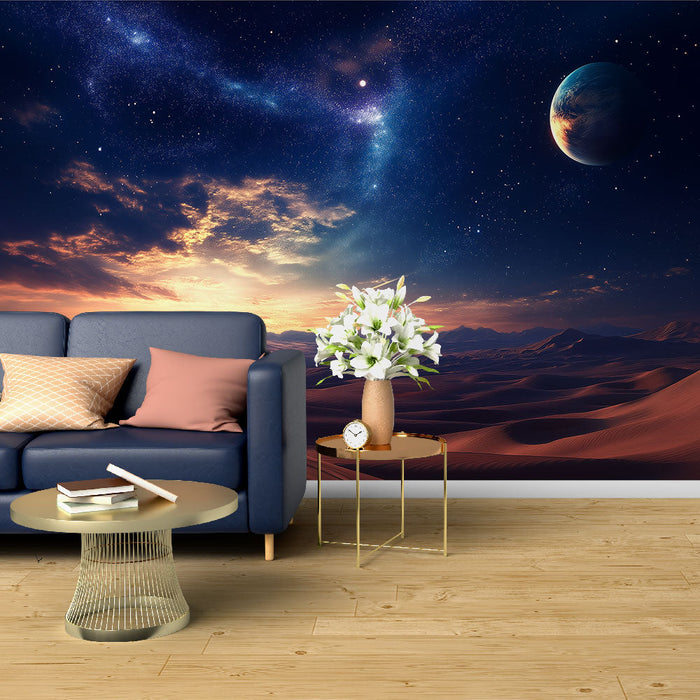 Universul Tapet | Peisaj deșertic cu cer înstelat și planetă