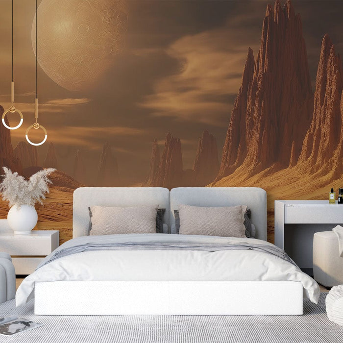 Vesolje tapeta | Puščavska pokrajina z veličastnimi skalnimi formacijami in velikim planetom v ozadju