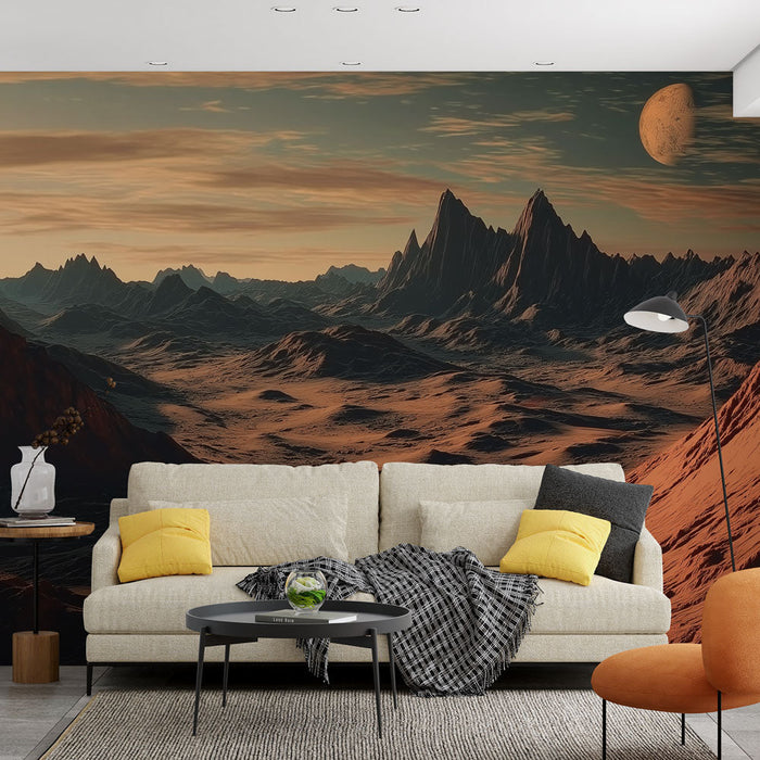 Foto Behang universum | Buitenaards landschap met bergen en schemerige hemel