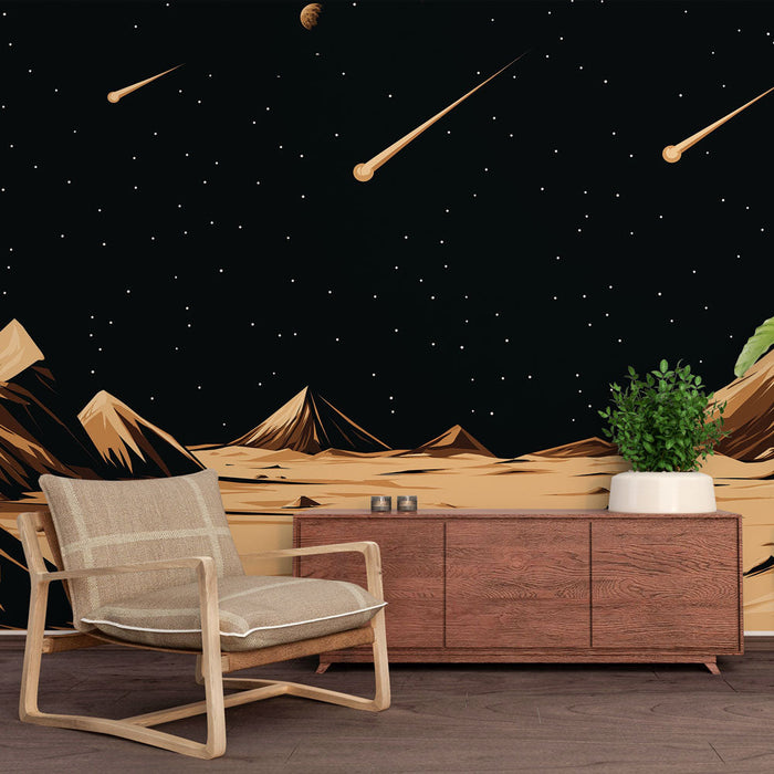 Fototapet univers | Udenjordisk landskab med bjerge og funklende stjerner