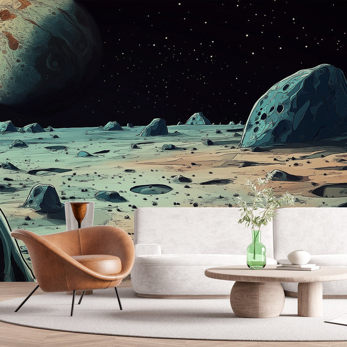 Carta da parati universo | Paesaggio extraterrestre con rocce e pianeta maestoso