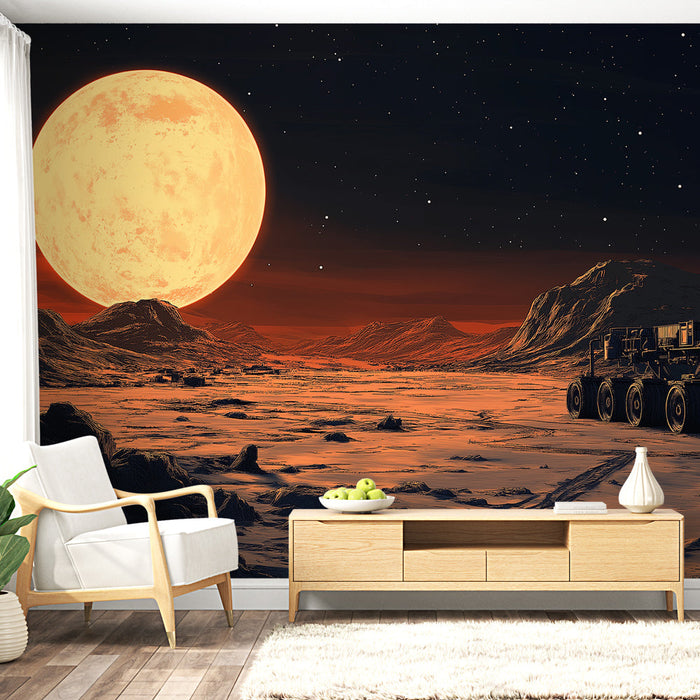 Fototapet universum | Utomjordiskt landskap med rover och gigantisk måne