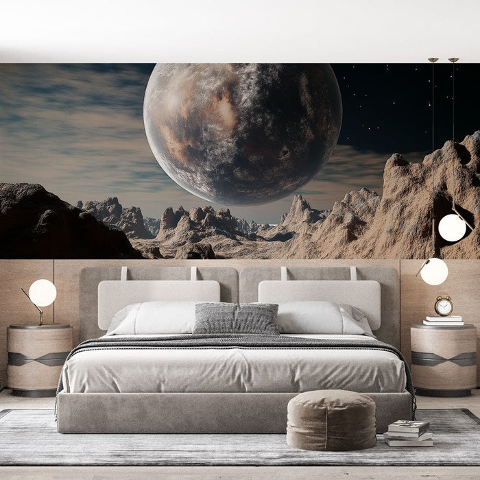 Universul Tapet | Peisaj extraterestru cu o planetă mare în fundal