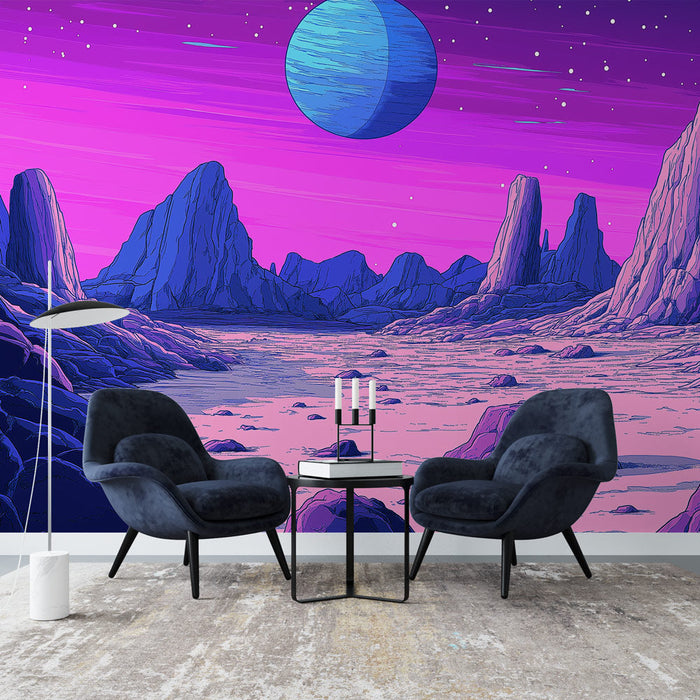 Ταπετσαρία τοιχογραφίας σύμπαν | Εξωγήινο τοπίο με έναν μπλε πλανήτη
