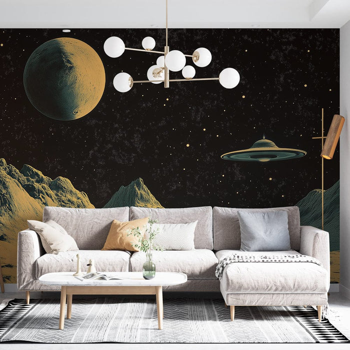 Universo de papel de parede | Paisagem lunar com satélites e estrelas distantes