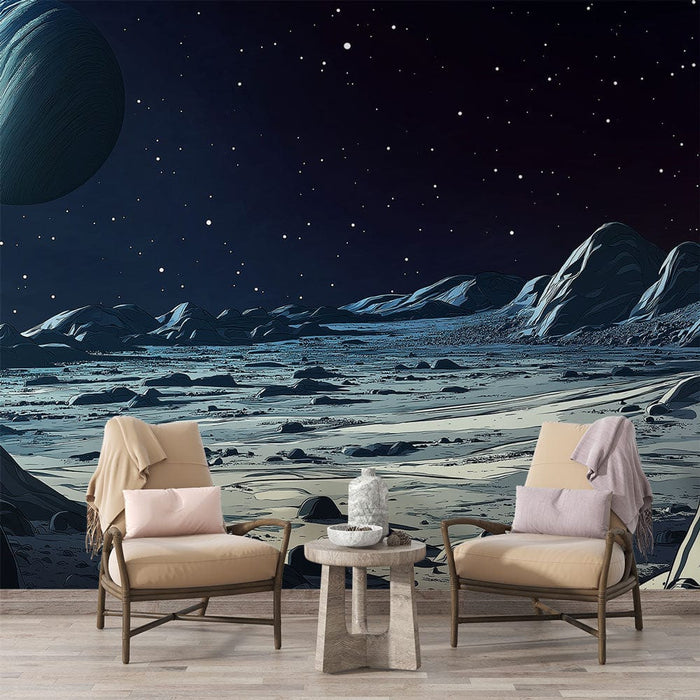 Universul Tapet | Peisaj lunar cu o planetă strălucitoare