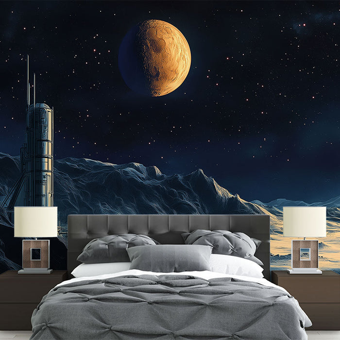 Tapeta wszechświat | Krajobraz księżycowy z widokiem na czerwoną planetę