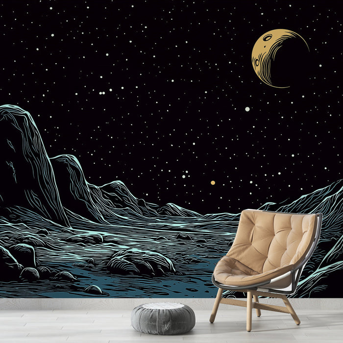 Foto Behang universum | Maanlandschap en sterrenhemel