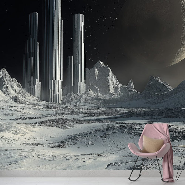 Carta da parati universo | Paesaggio lunare futuristico con strutture monumentali
