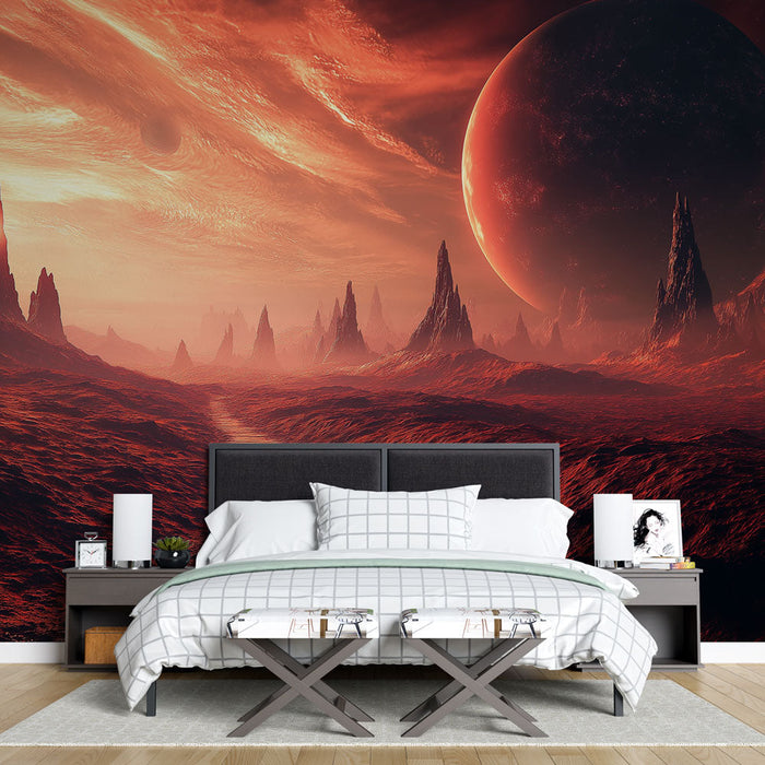 Fototapet univers | Marslandskab ved solnedgang med stejle bjerge