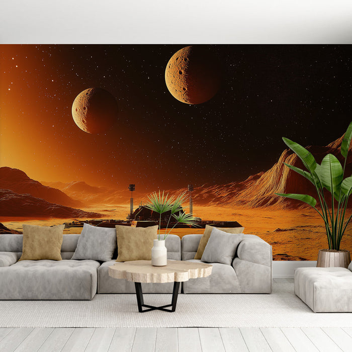 Falfestmény univerzum | Marsi tájkép két holddal és egy űrbázissal