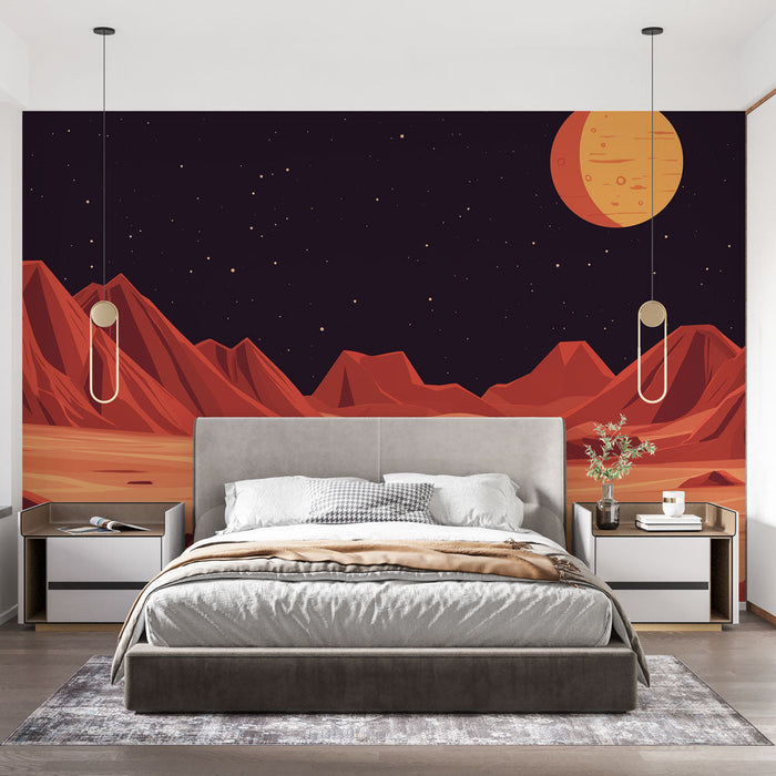 Fototapet univers | Marslandskab med rustne bjerge og stjernehimmel