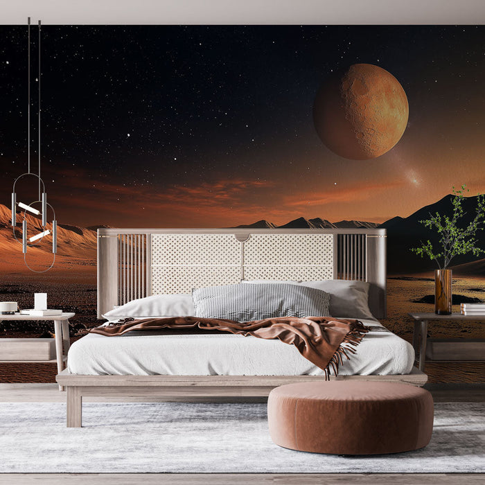 Muraaltapeet universum | Marsi maastik tähistaeva ja taustal oleva planeediga