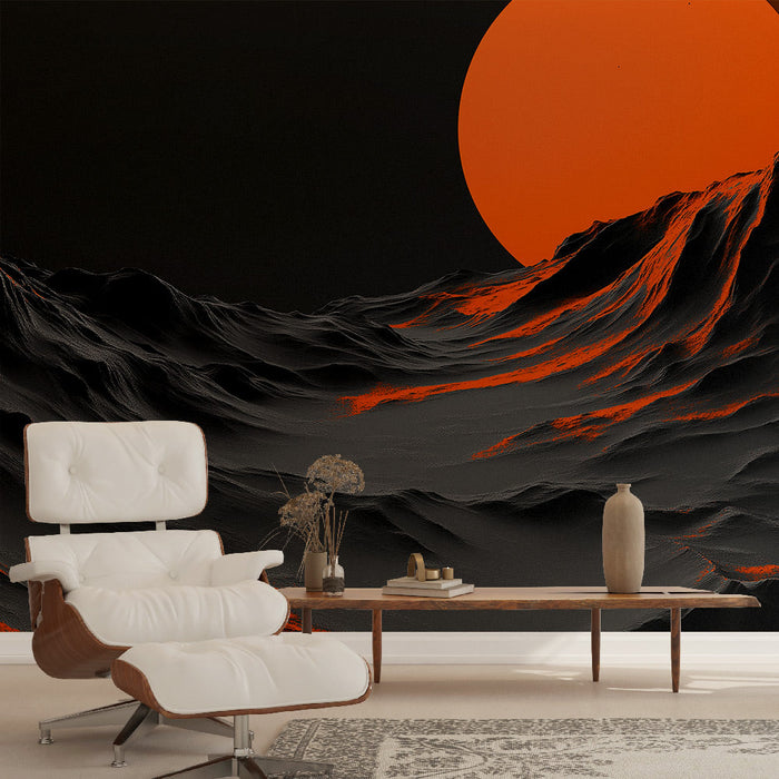 Carta da parati universo | Paesaggio montano nero e arancione con un sole luminoso