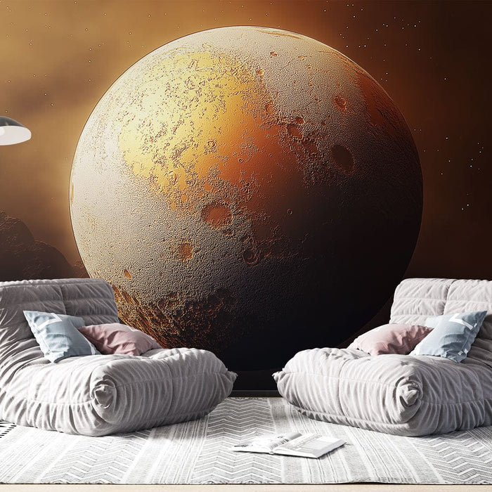 Universo de Papel de parede | Planeta com tons dourados e crateras marinhas