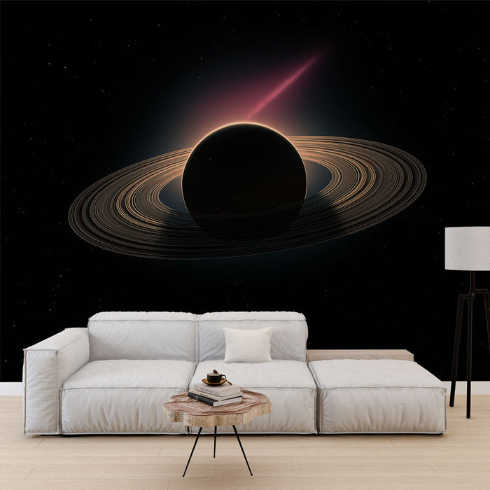 Papel pintado univers | Planeta majestuoso con anillos luminosos y un fondo estrellado