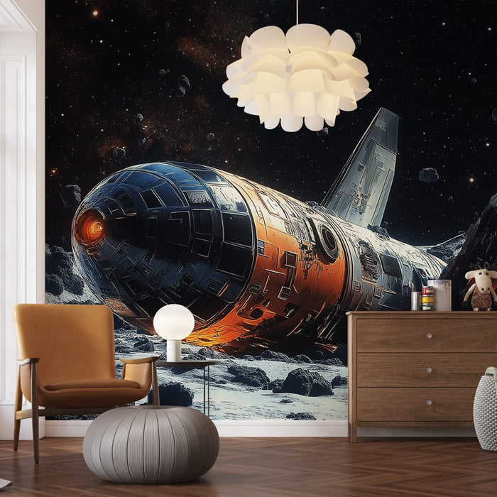 Foto Behang universum | Neergestort ruimteschip op het maanoppervlak