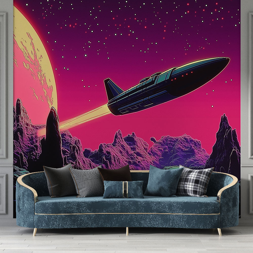 universo Papel de parede | Nave espacial em um fundo de planeta rosa e —  WonderMural, image size:1000x1000