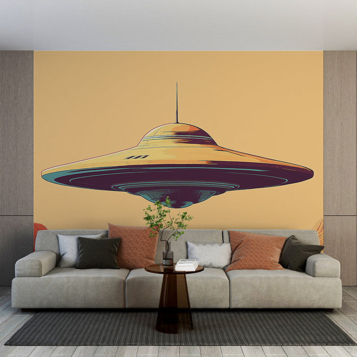 Foto Behang universum | Ruimteschip zwevend boven mysterieuze bergen