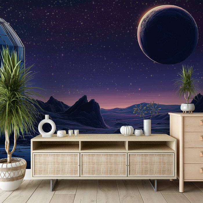 Univerzum tapet | Videz izvenzemeljske pokrajine z gorami in veličastnim planetom