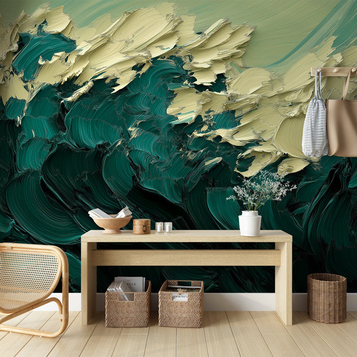 Mural Wallpaper abstract wave | Beige and green painting