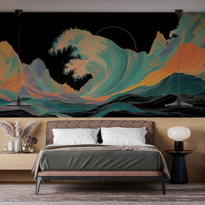 Tapete μουράλ τέχνης κύματος | Στιλιζαρισμένα κύματα σε απαλούς τόνους και σκούρα φόντα.