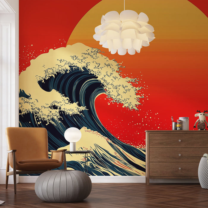 Falfestmény hullám | Hullám és lenyugvó nap illusztrációja