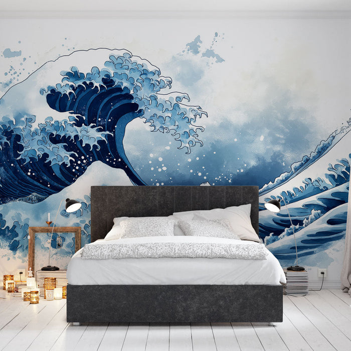 Foto Behang Japanse golf | Monochroom blauw op witte achtergrond