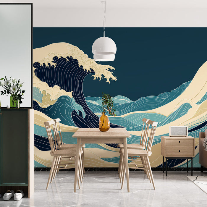 Тапет японска вълна | Вариации на бежово и синьо