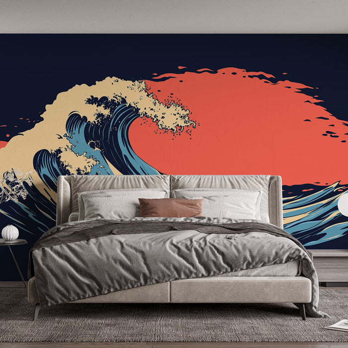 Tapetti ocean wave | Suuri tyylitelty aalto sinisen ja korallin sävyissä